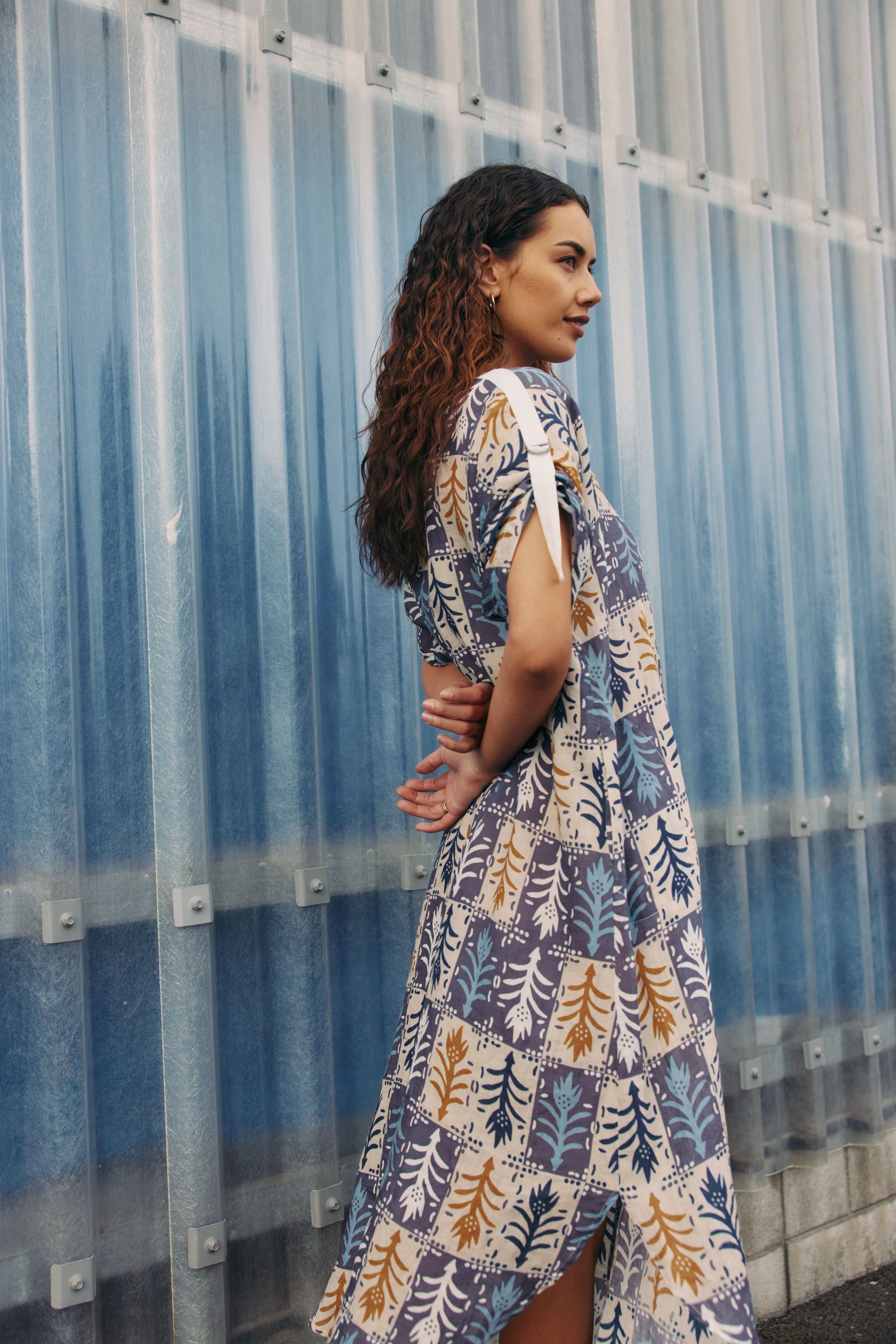 patchwork button through shirt dress worn by model outdoor