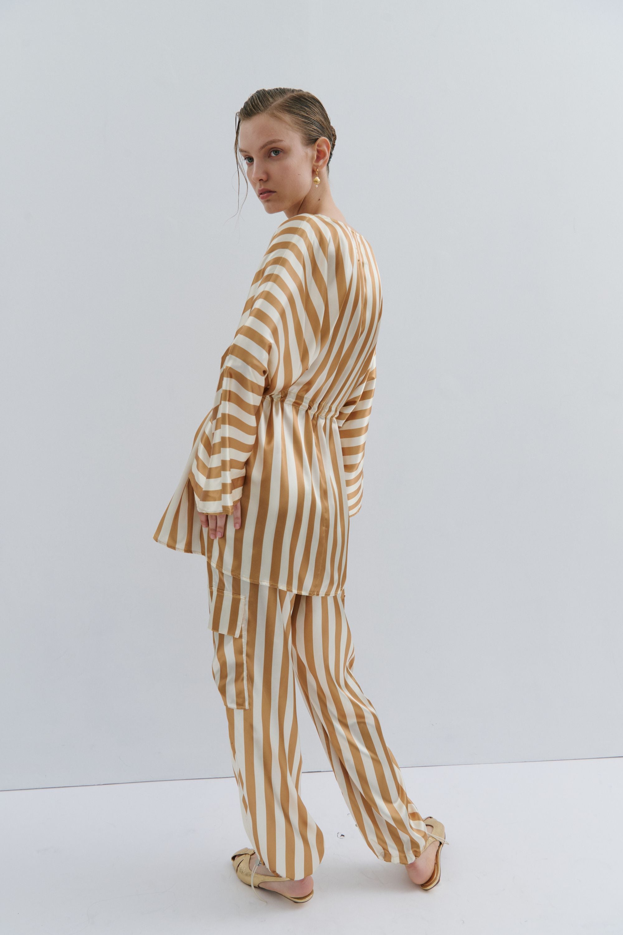 cream and gold satin stripe kimono worn by model back