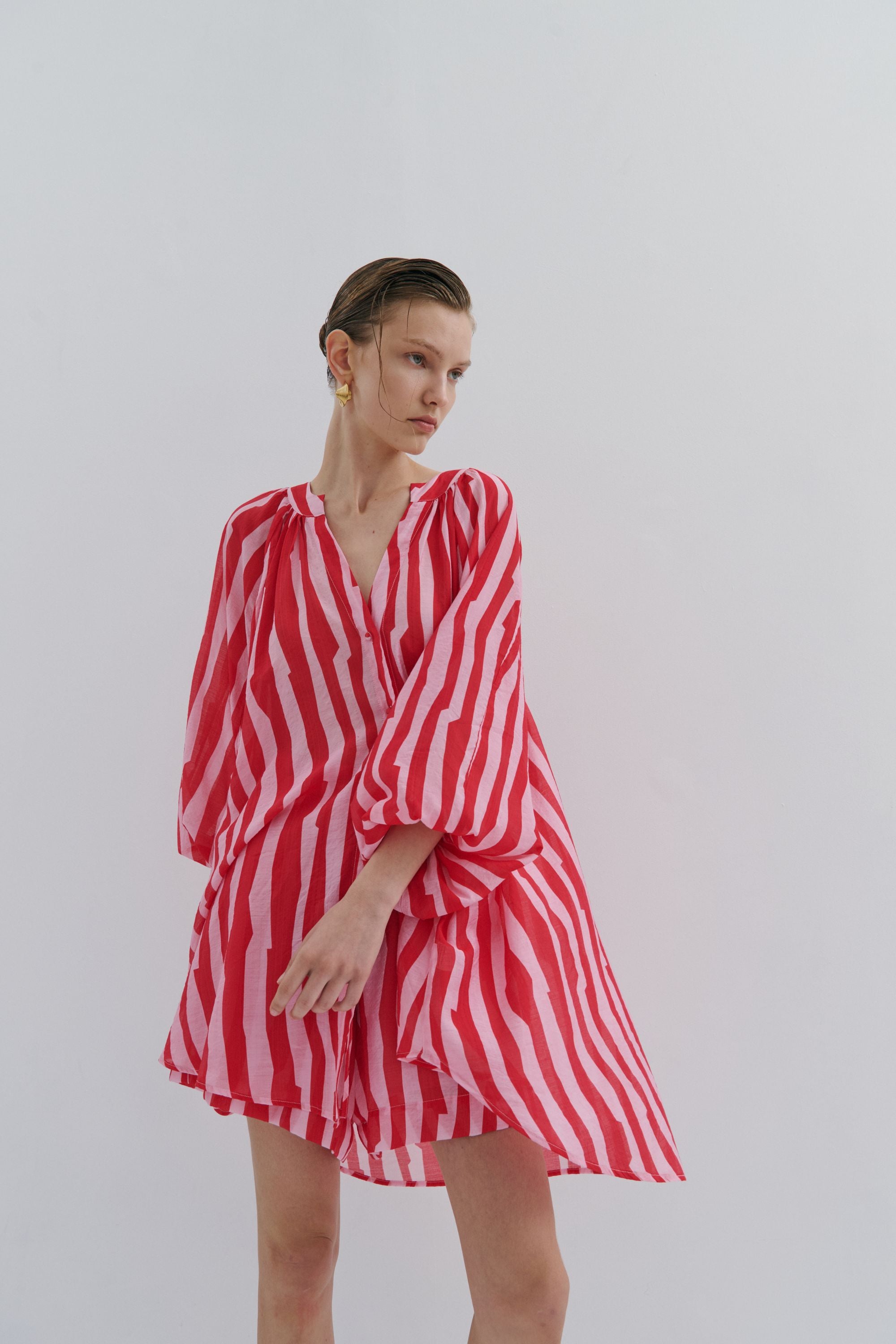 red pink stripe short dress shirt worn by model 