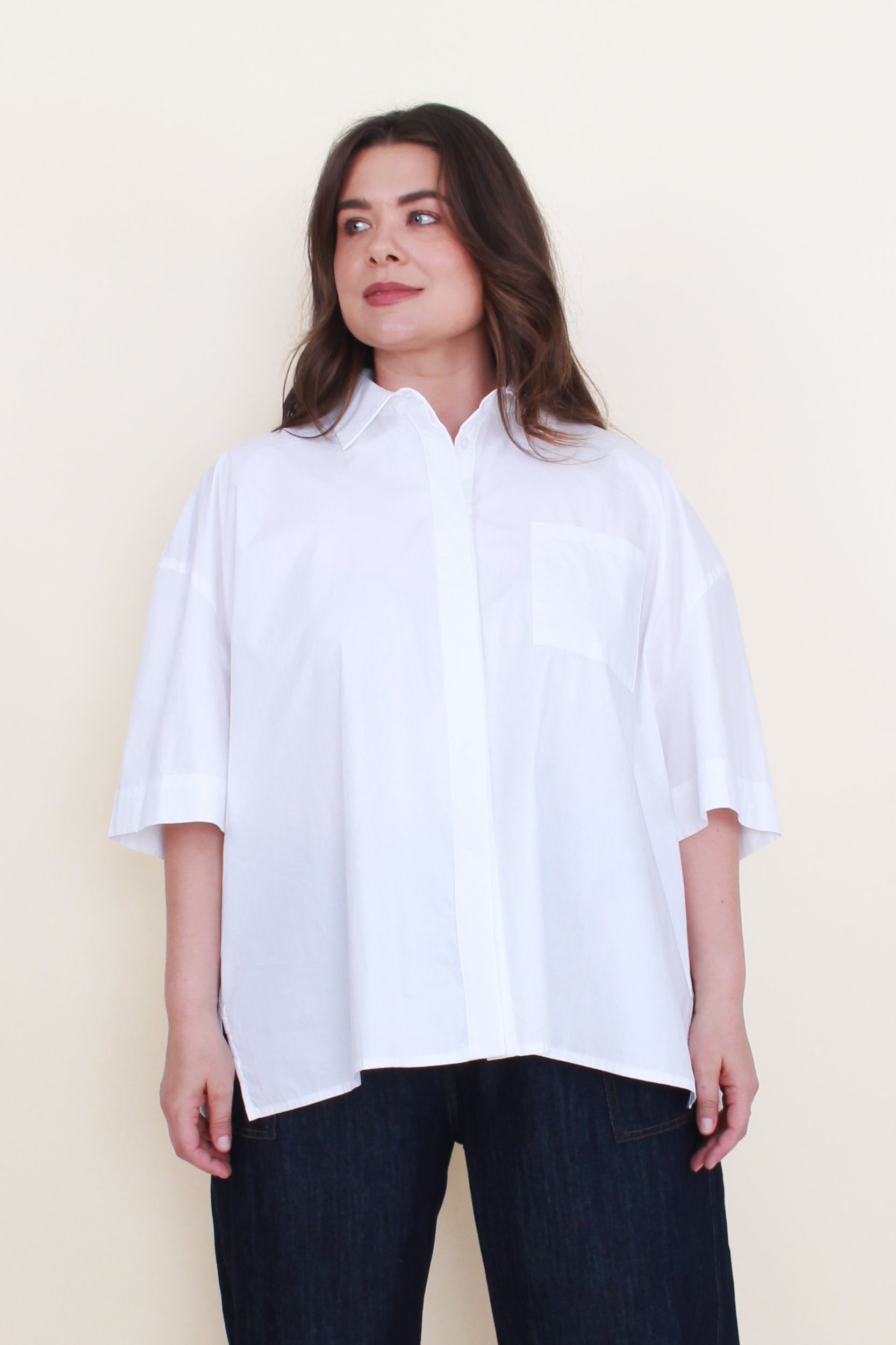 womens boxy shirt in white worn by model