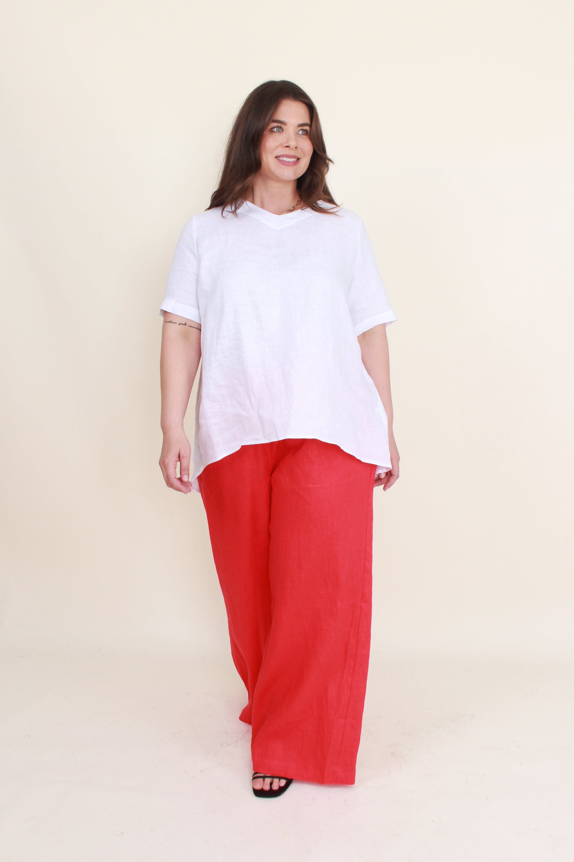womens cocoon linen pant in red with white top worn by model
