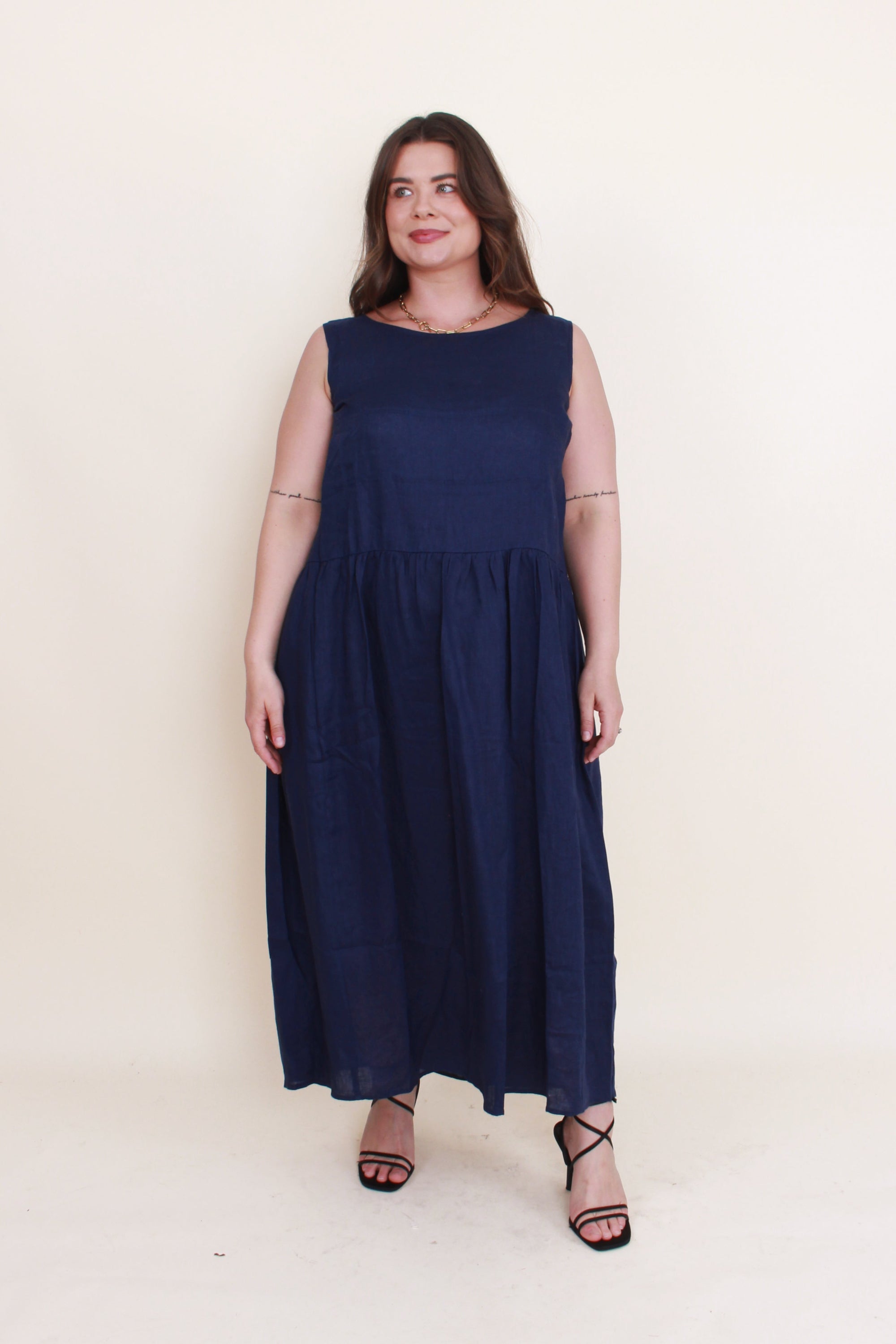 sleeveless linen midi dress navy worn by model