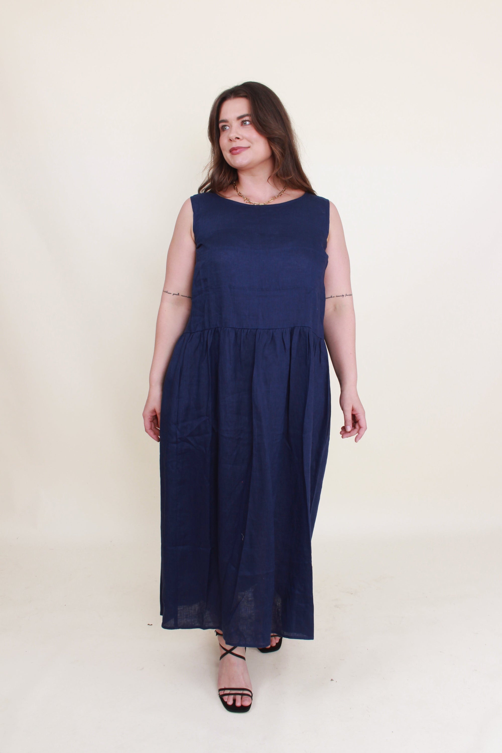 sleeveless linen midi dress navy worn by model