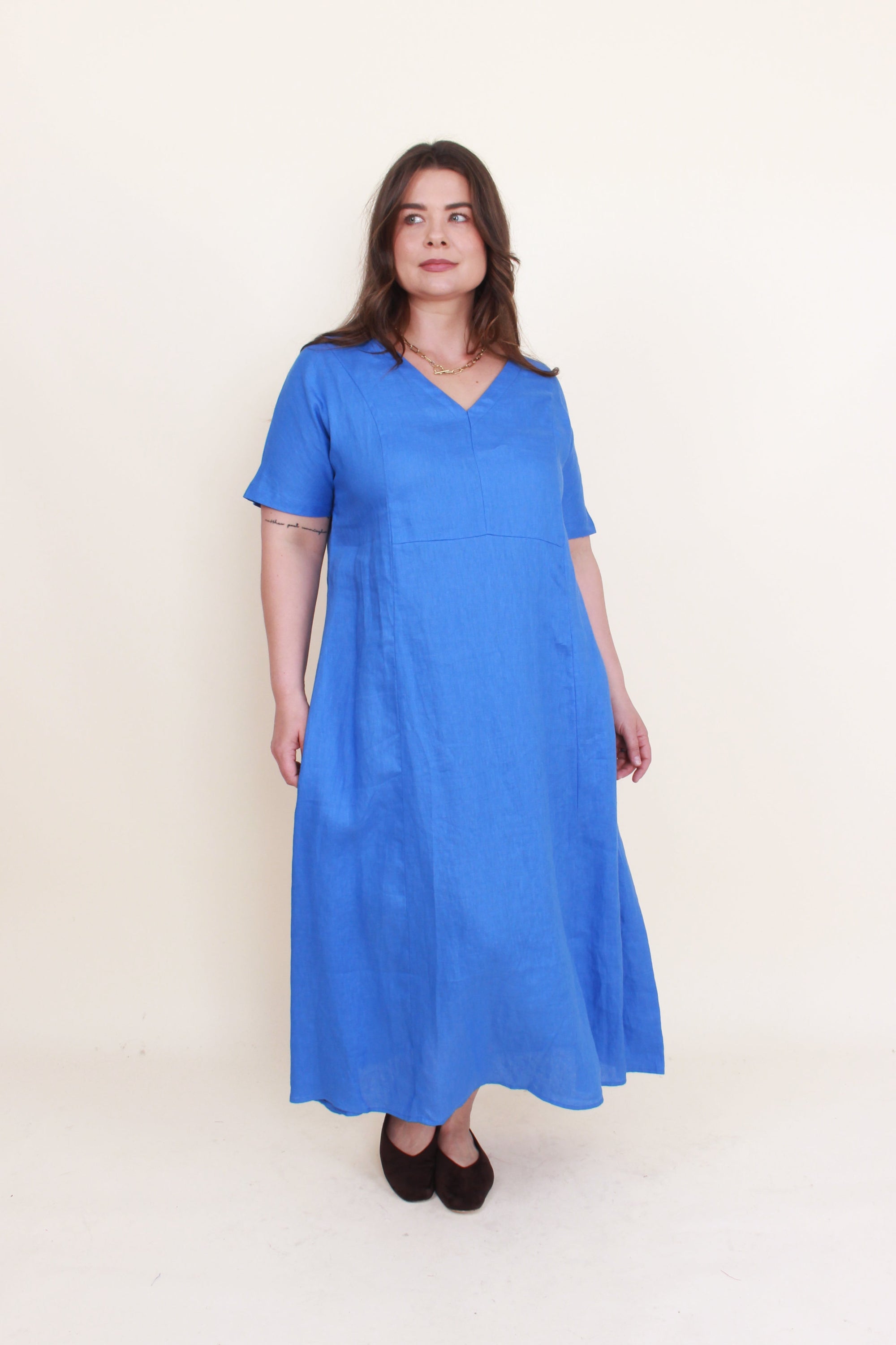 womens midi maxi linen dress in cornflower worn by model 