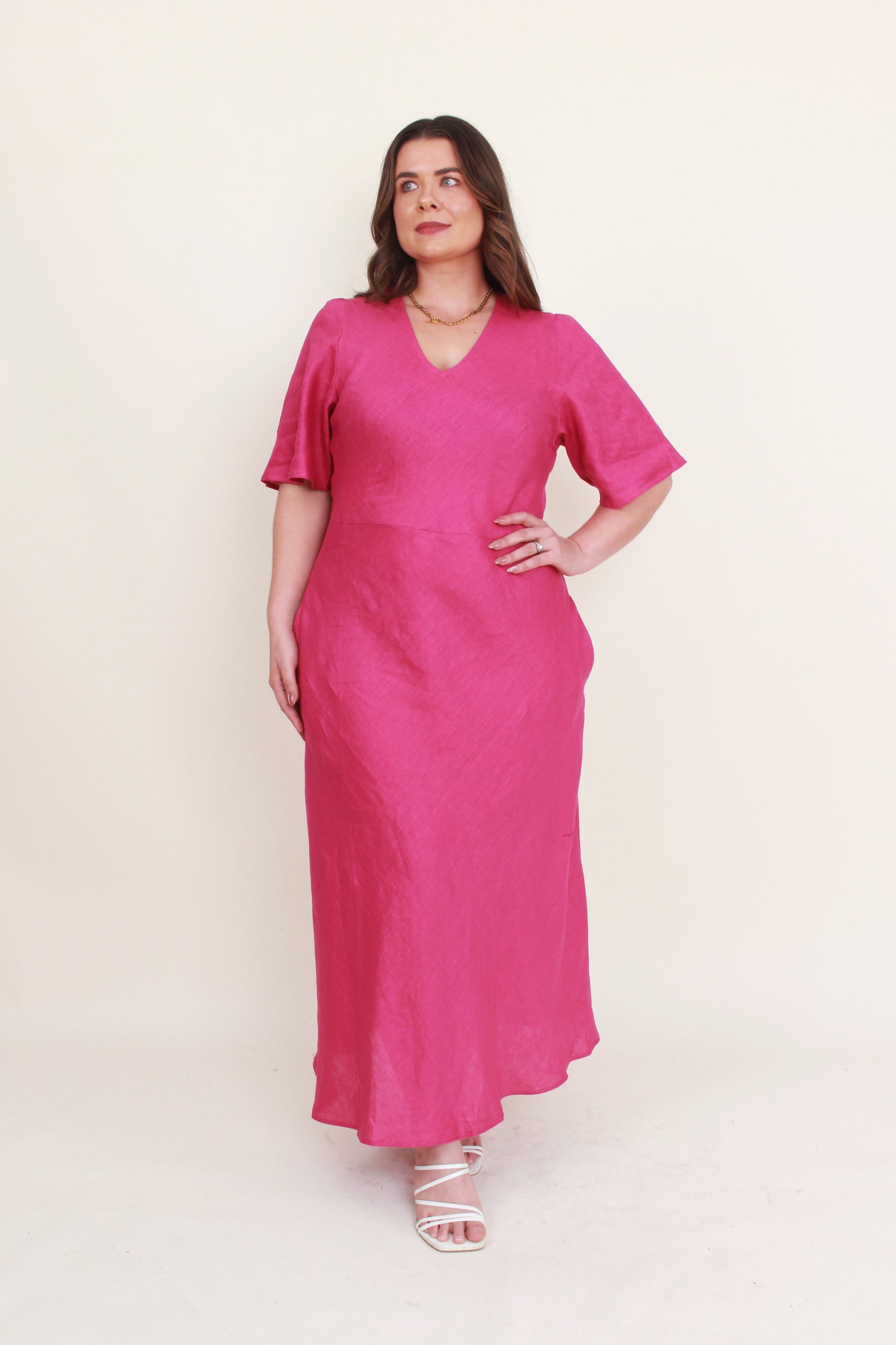 fuchisa midi dress with half sleeve worn by model