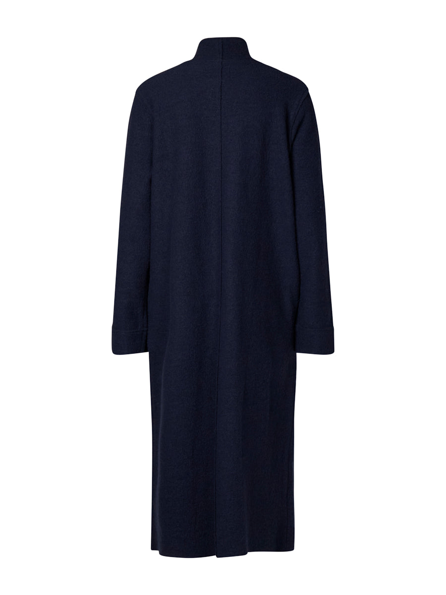Navy blue coat on a white background back angle