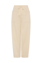 A pair of high-waisted, straight-leg cropped pants in a light cream or beige color, featuring a drawstring waistband and two large front patch pockets, shown against a plain white background.