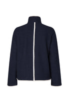 Navy blue jacket with a white stripe on a white background