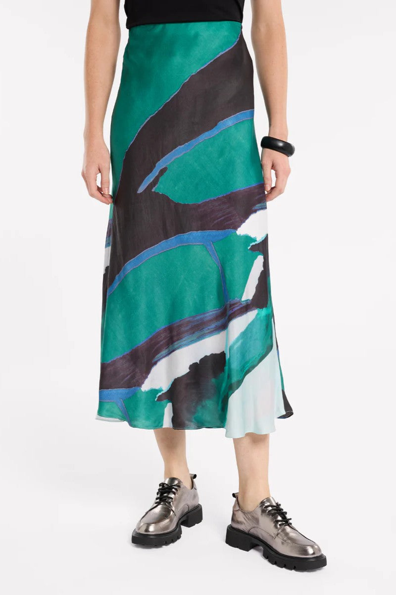 satin bias cut idi skirt emerald abstract print
