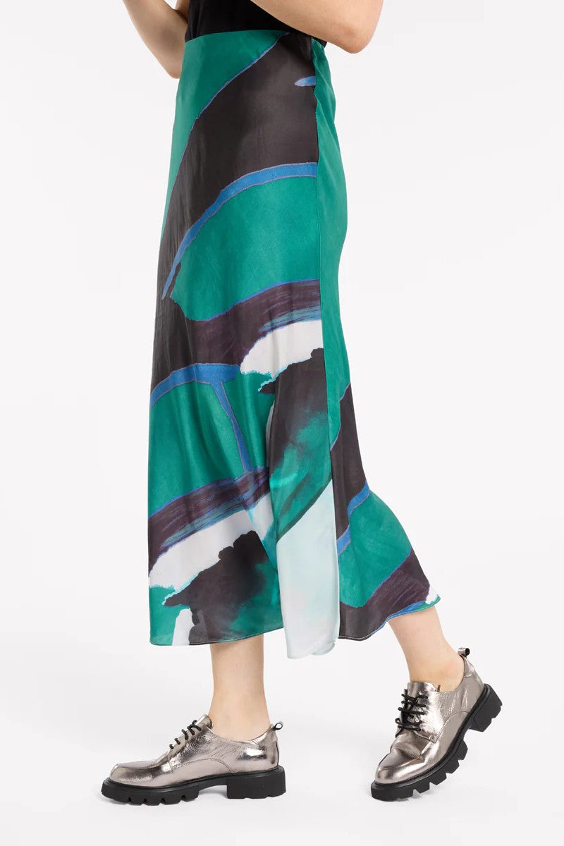 satin bias cut idi skirt emerald abstract print