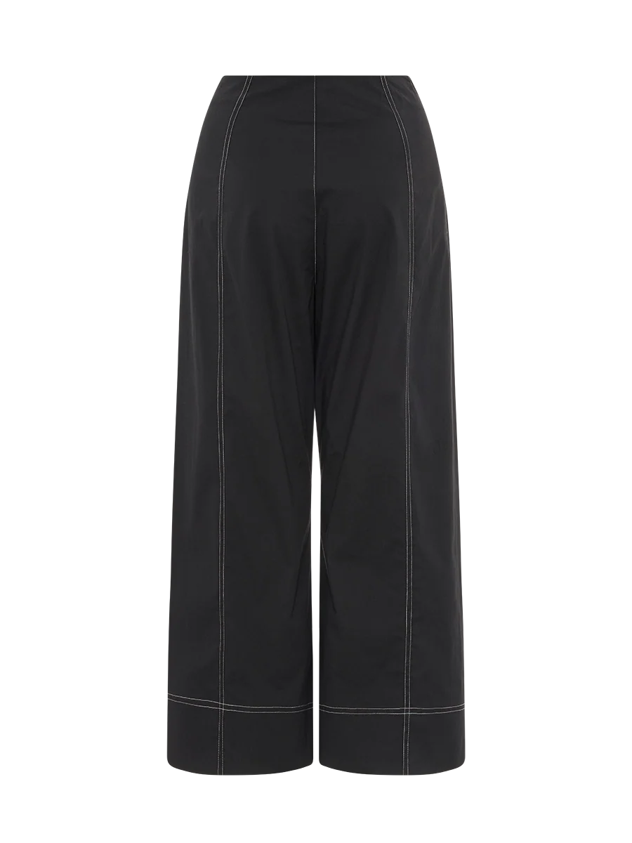 Black wide-leg cropped pants with contrasting light-colored stitching running vertically down the front and along the hem, shown against a plain white background.