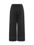 Black wide-leg cropped pants with contrasting light-colored stitching running vertically down the front and along the hem, shown against a plain white background.