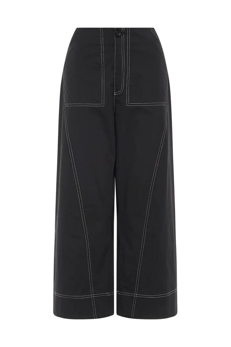 Black wide-leg cropped pants with high-waisted styling and contrasting white contrast stitching, shown against a plain white background.