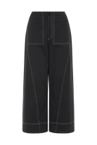 Black wide-leg cropped pants with high-waisted styling and contrasting white contrast stitching, shown against a plain white background.