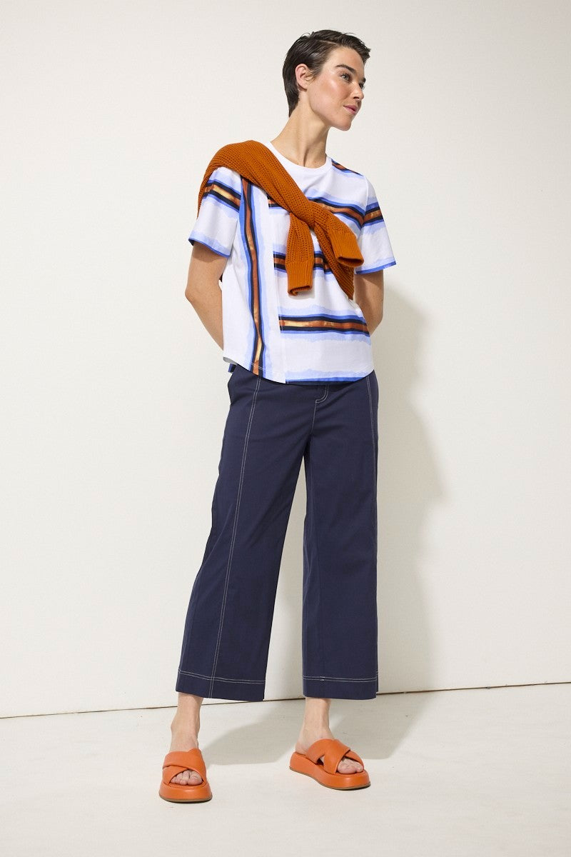 womens wide leg pant in ink with white topstitching worn by model