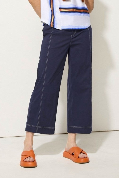 womens wide leg pant in ink with white topstitching worn by model