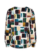 Colorful patterned shirt with geometric design on a white background back angle