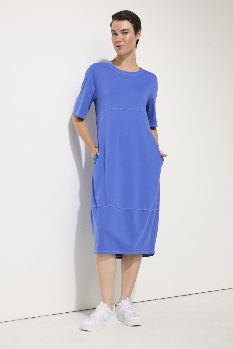 womens cocoon midi dress blue with top stitching worn by model