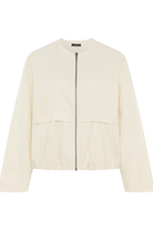 Cropped bomber jacket front. No collar and full zip. Round neckline.