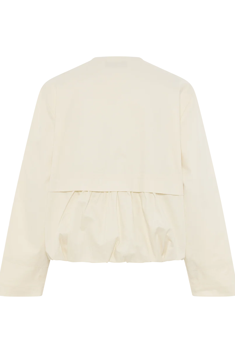 Cropped bomber jacket back. No collar. Round neckline.
