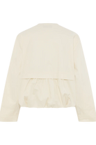 Cropped bomber jacket back. No collar. Round neckline.