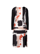 Long-sleeve dress with abstract pattern on a white background