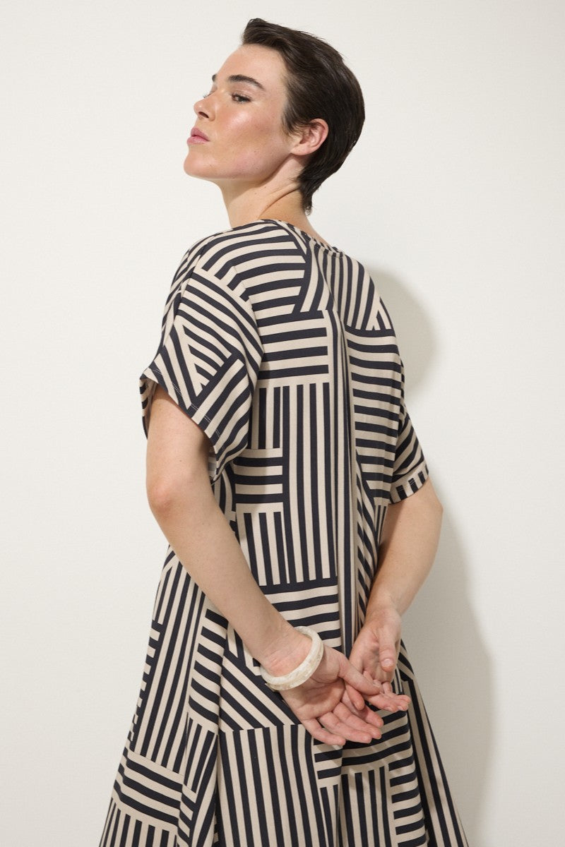 womens midi dress short sleeve stripe pattern black stone worn by model close up