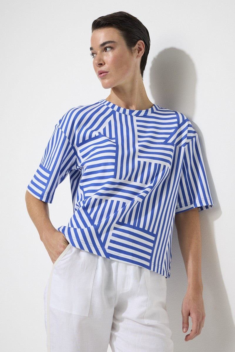 relaxed boxy tee crop sleeve blue and white striped splice pattern worn by model 