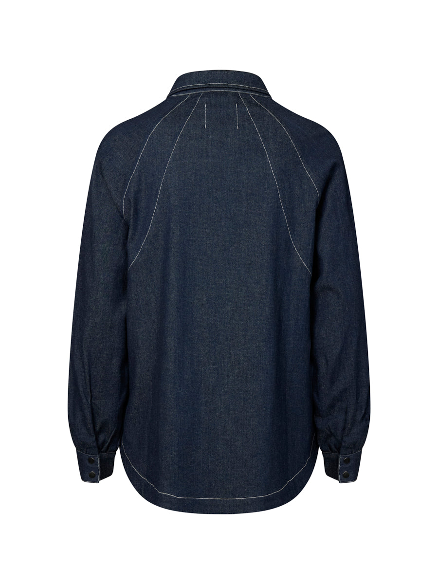 Back view of a dark blue denim shirt on a white background back angle
