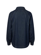 Back view of a dark blue denim shirt on a white background back angle