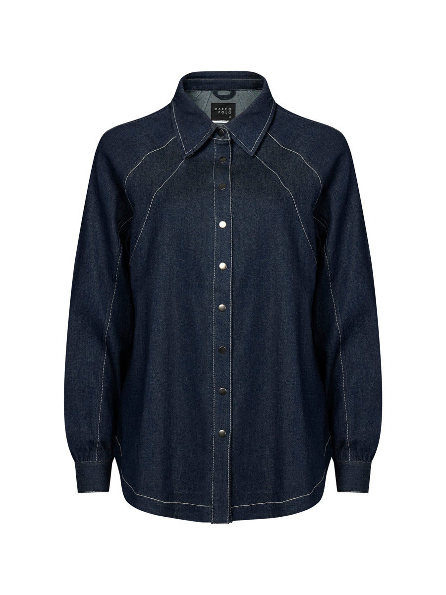 Dark denim shirt with white stitching on a white background