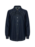 Dark denim shirt with white stitching on a white background
