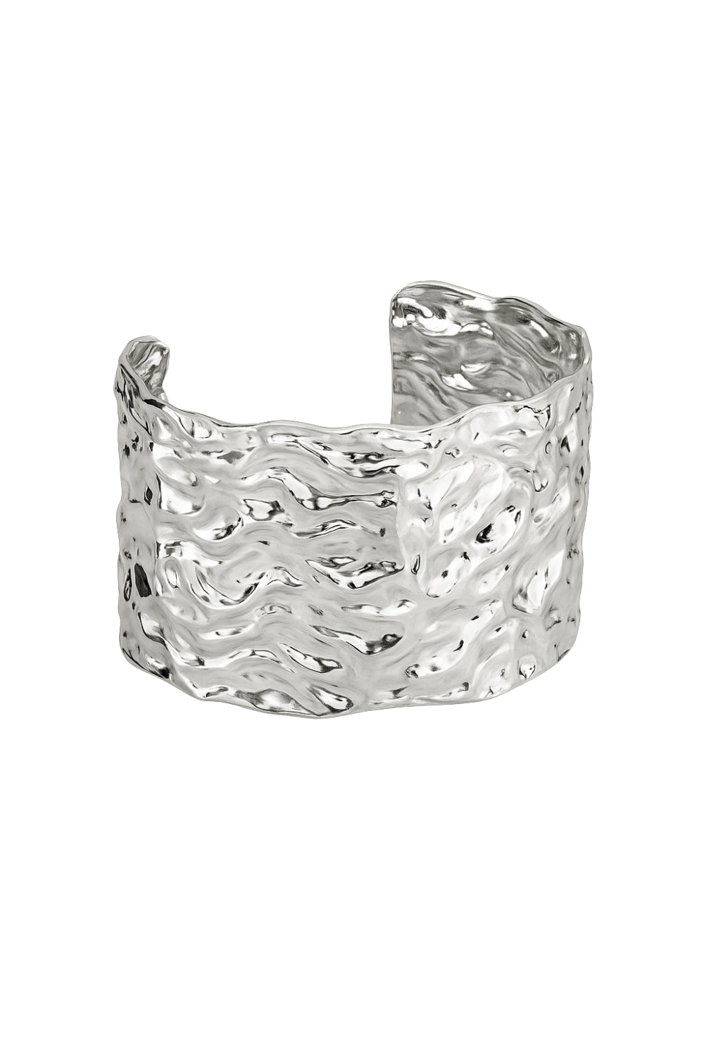 Silver textured cuff bracelet on a white background