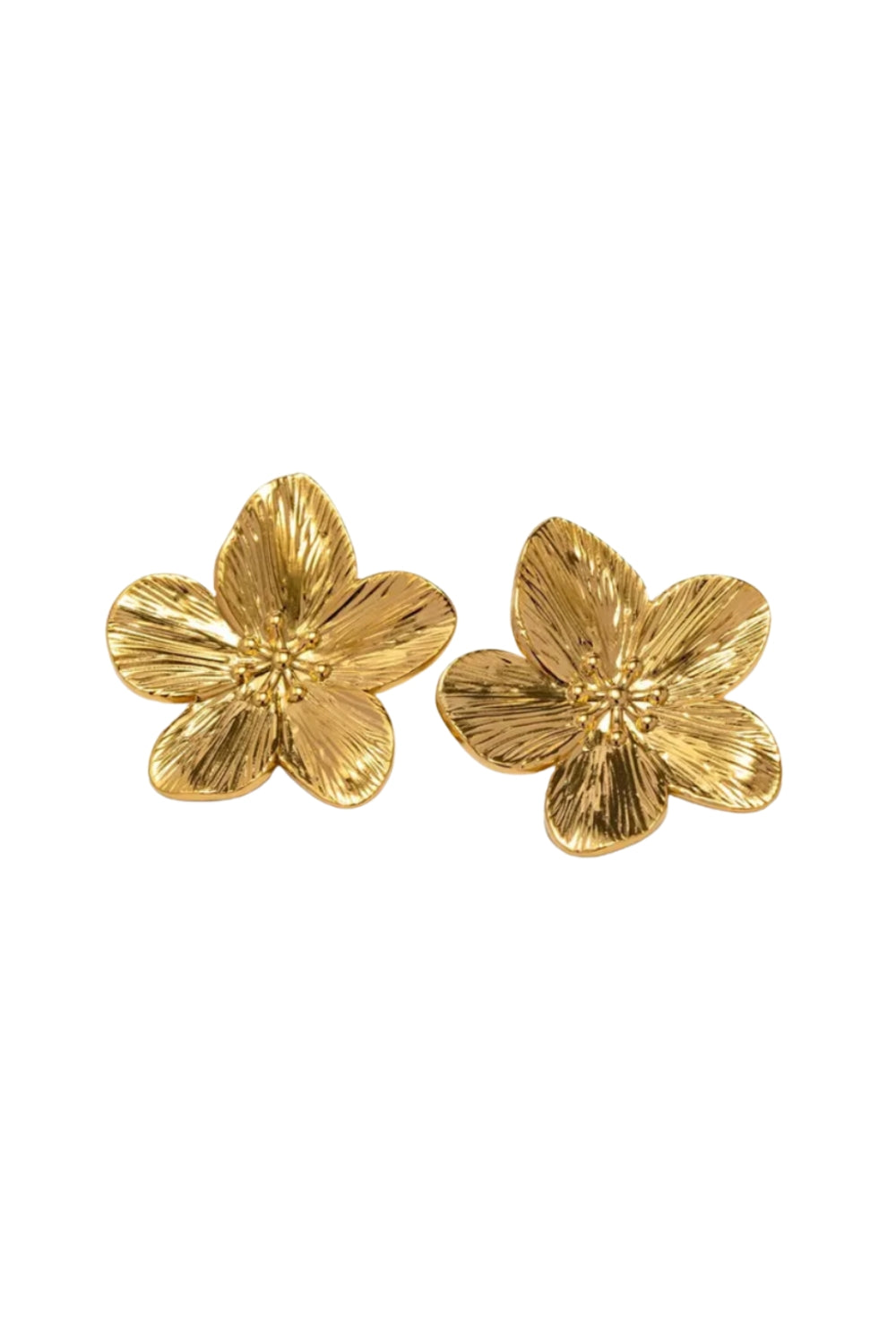 Pair of gold flower-shaped earrings on a white background