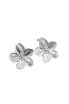 Pair of silver flower-shaped earrings on a white background
