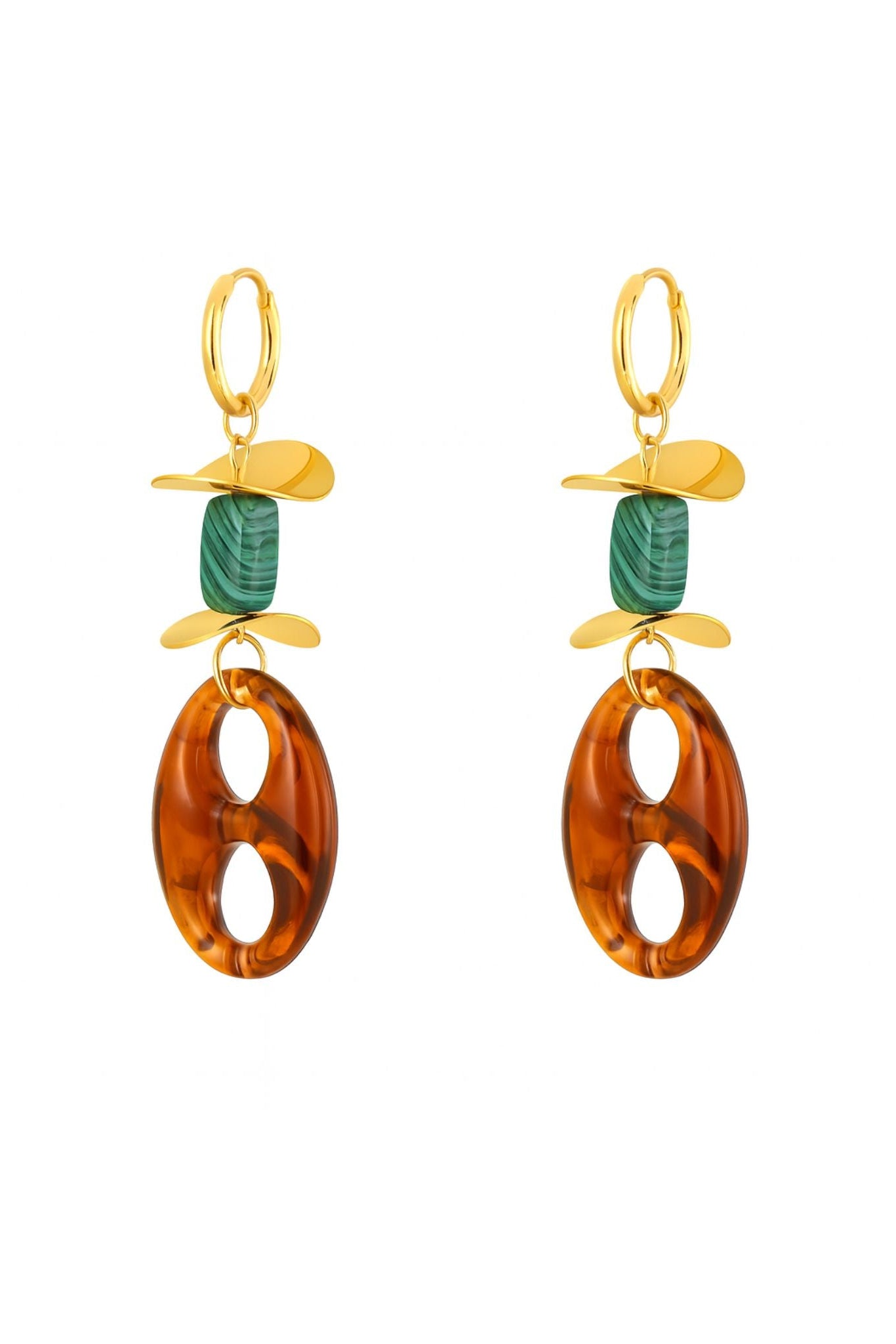 A pair of gold drop earrings featuring a small green stone bead, a gold leaf-shaped charm, and a large amber oval drop, shown on a plain white background.