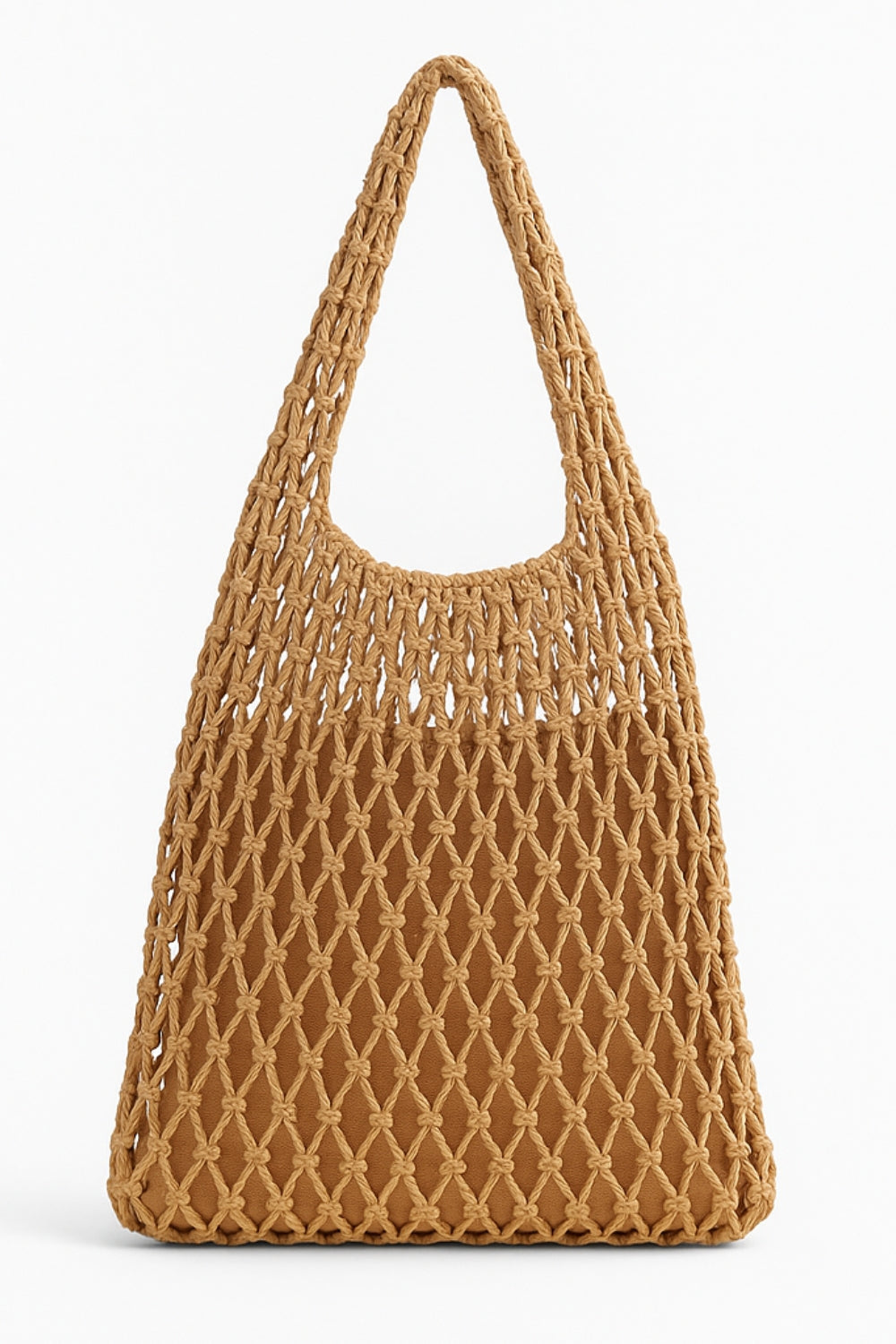 Brown woven handbag on a white background