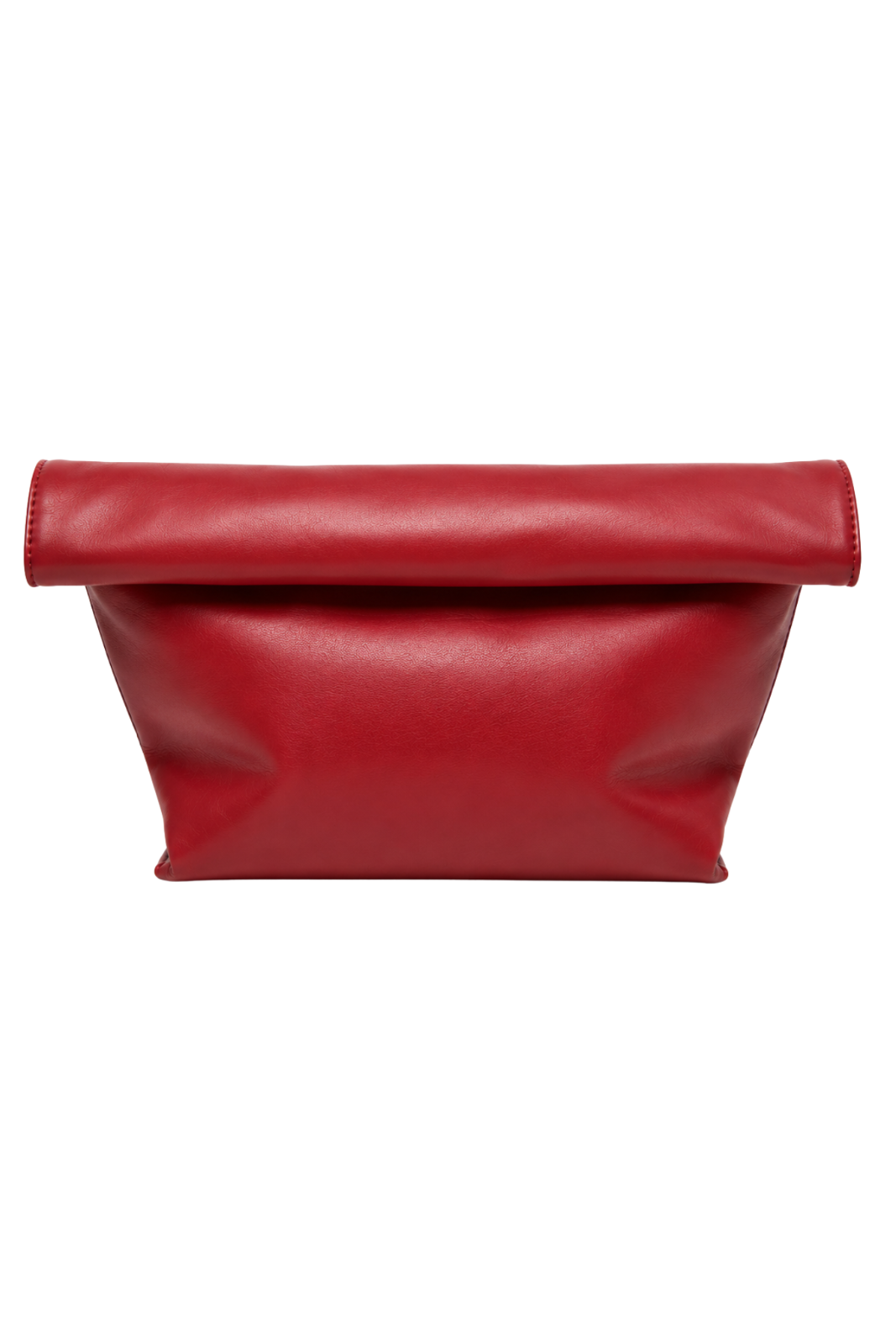 A red leather clutch bag with a folded-over top flap, shown against a plain white background.