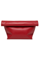 A red leather clutch bag with a folded-over top flap, shown against a plain white background.