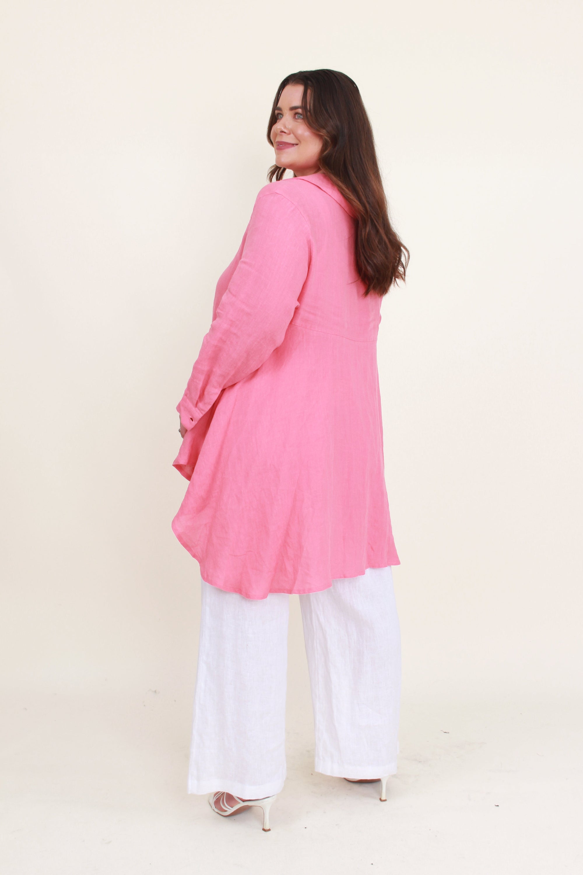 womens full length wide leg linen pant in white worn by model back view