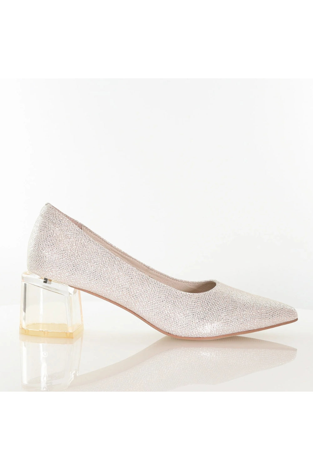 champagne court shoe with clear block heel 