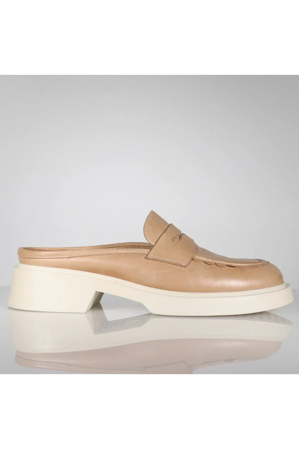 tan and cream block heel loafer