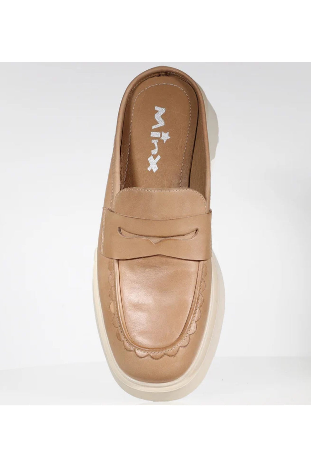 tan and cream block heel loafer
