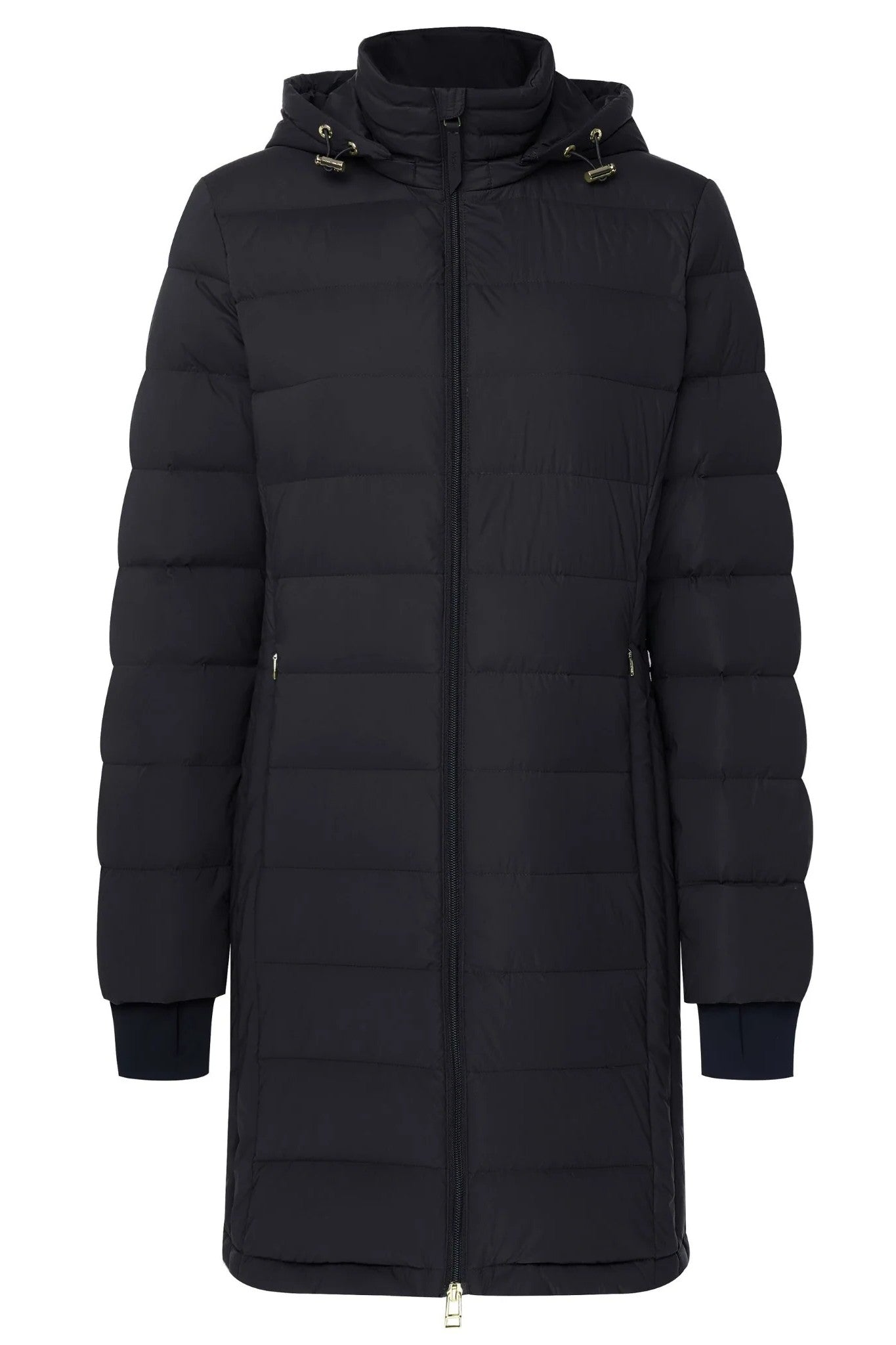 Black puffer coat with a hood on a white background