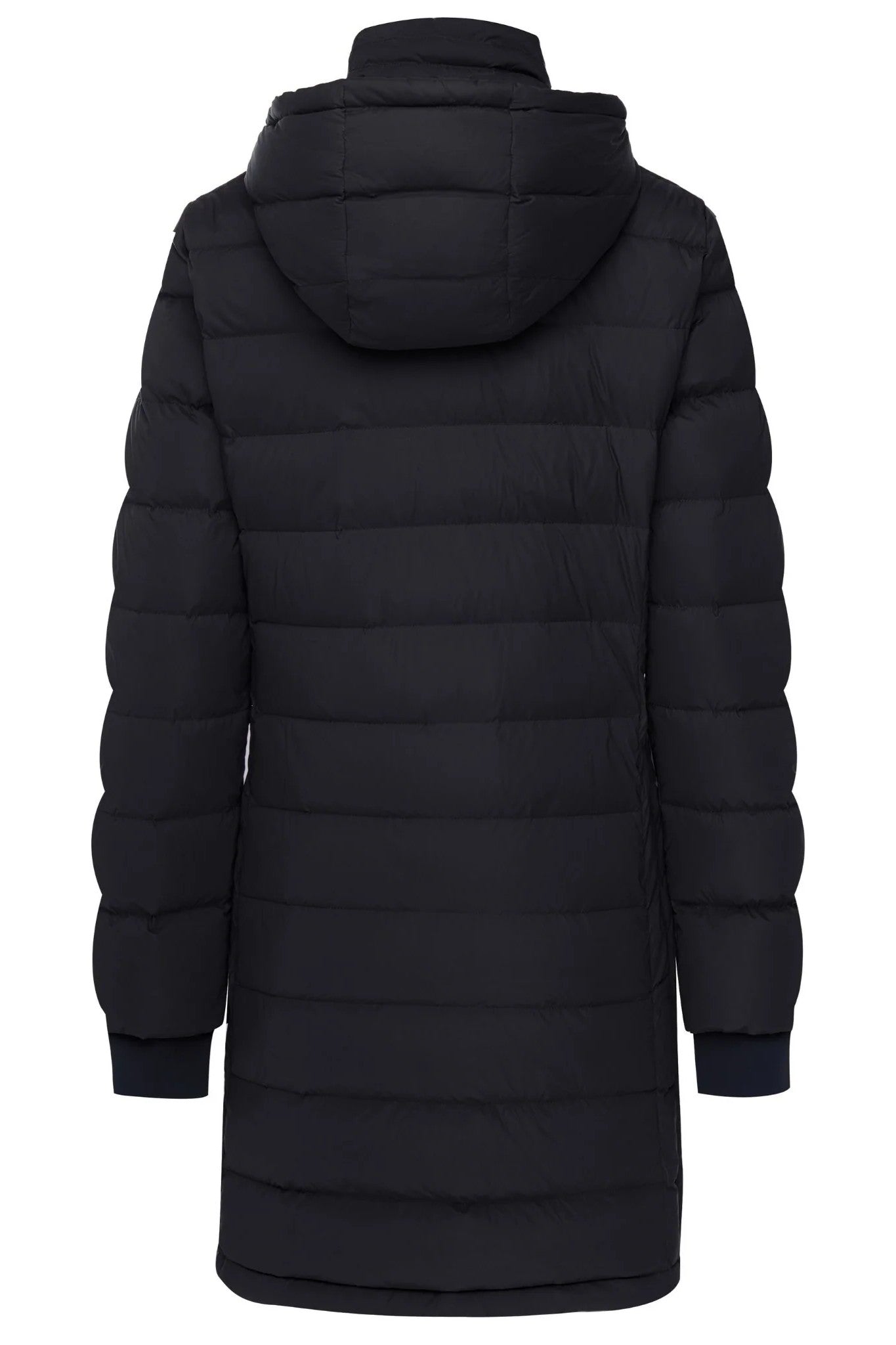 Black puffer coat with a hood on a white background back angle