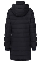 Black puffer coat with a hood on a white background back angle