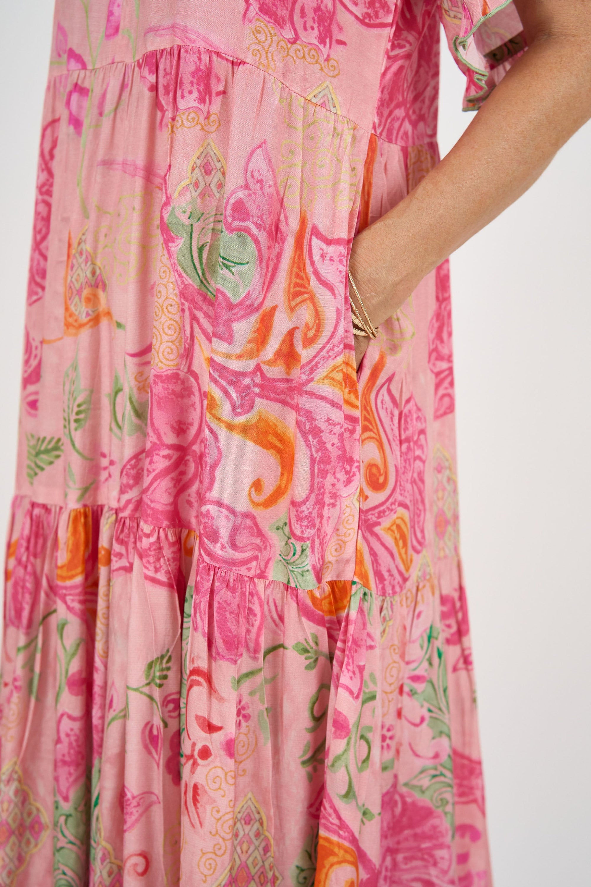 womens maxi dress boho pink floral worn by model detail