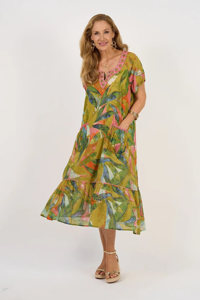 womens green multi leaf print midi dress worn by model 