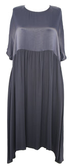 Gray dress with a sheer overlay on a white background