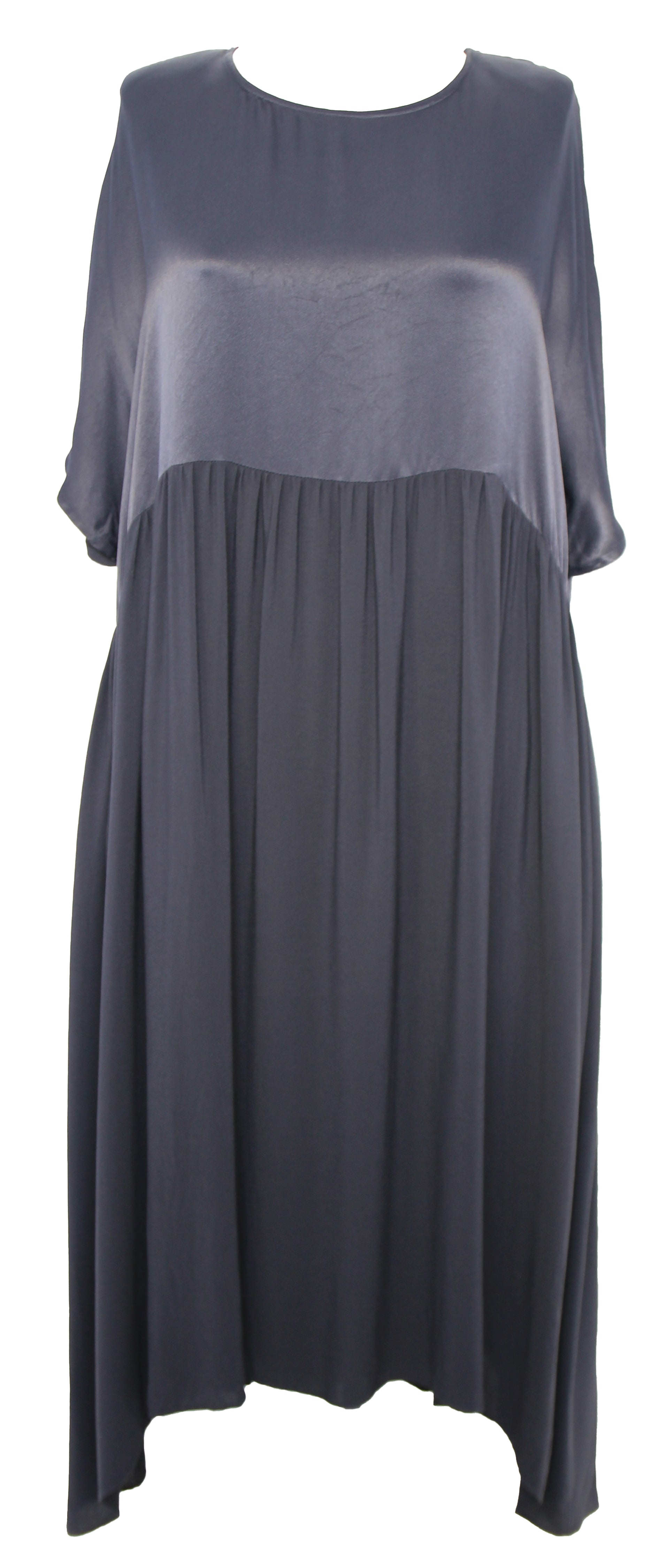 Gray dress with a sheer overlay on a white background